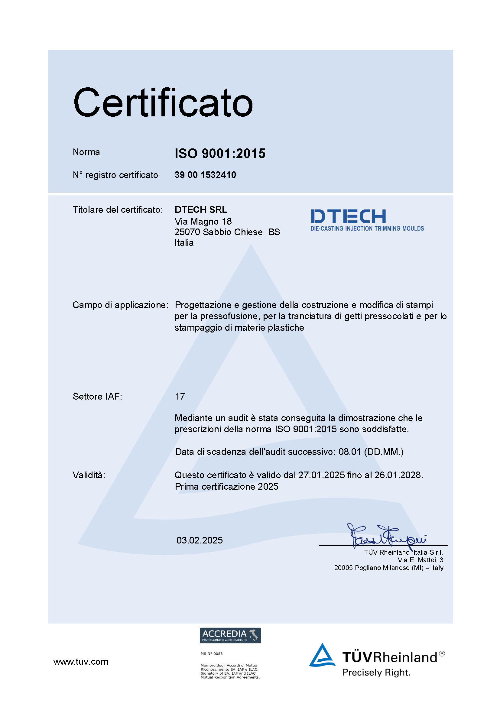 Certificato ISO 9001:2015 N. 39 00 1532410 - Dtech Srl